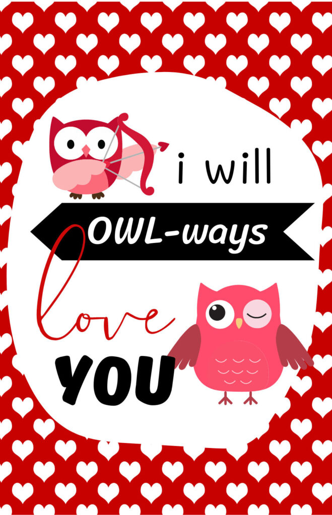 owl valentine card with white hearts on white background and pink owls.