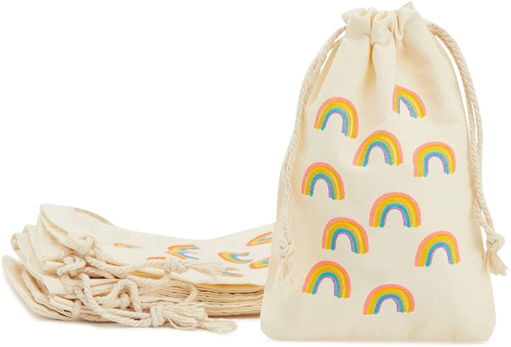 Cloth gift bags with muted rainbow decorations