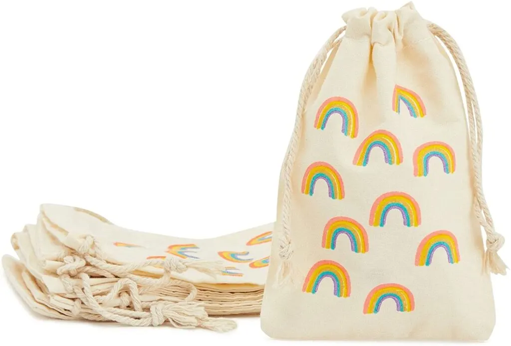 Cloth gift bags with muted rainbow decorations