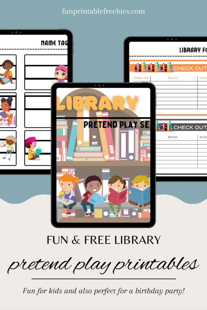 Pinterest pin showing images of the Pretend Play Library Printables kit.